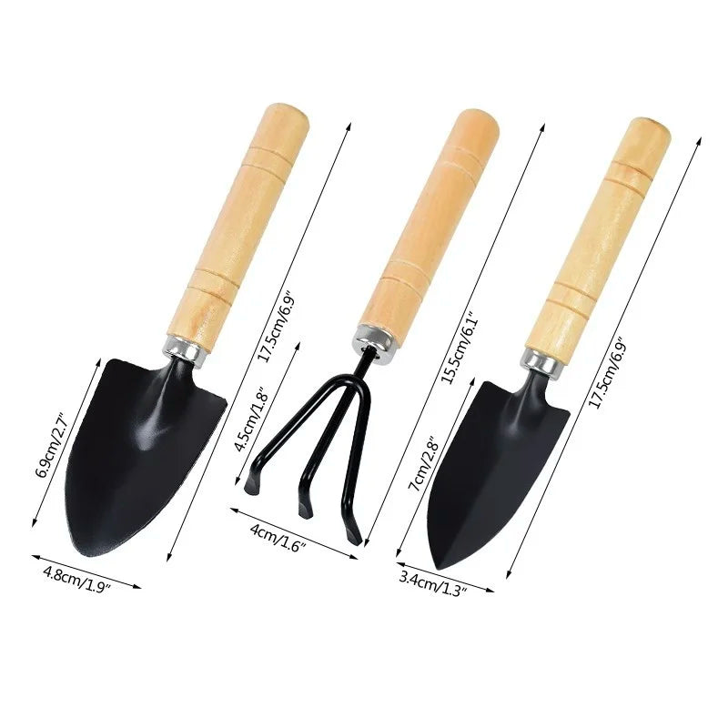 Three wooden-handled garden tools are shown: a trowel, a cultivator, and a pointed trowel, each with black metal ends. Dimensions are displayed for each tool in the image.