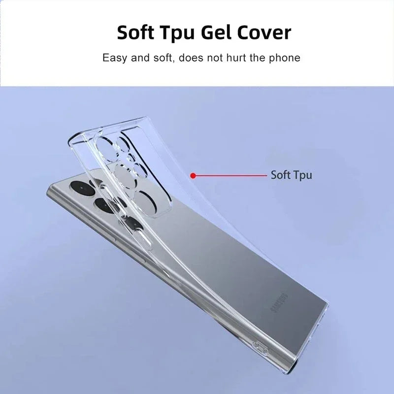 Transparent soft TPU gel phone cover shown bending, highlighting its flexibility and phone protection. Text reads, "Soft TPU Gel Cover: Easy and soft, does not hurt the phone."