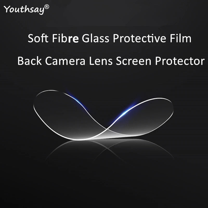 A graphic with soft fiber glass protective film for back camera lens, featuring a sleek, curved design on a black background. Text: "Youthsay Soft Fibre Glass Protective Film."