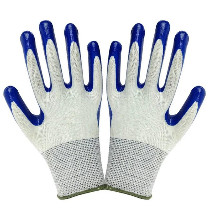 A pair of work gloves with blue rubber-coated fingers and palms, and a light gray fabric back and wrist. The gloves are displayed side by side, palms facing up.