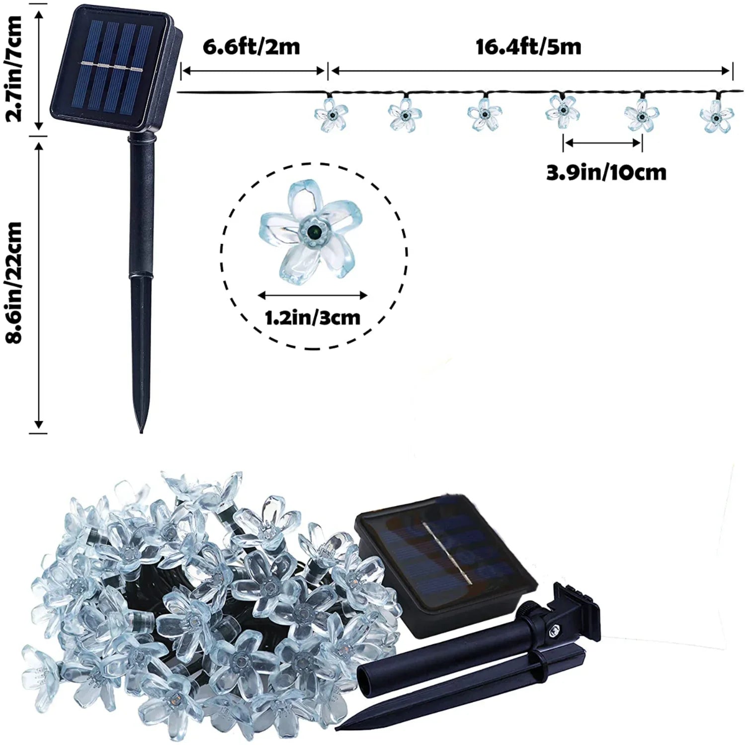 Solar string lights with flower-shaped bulbs on a 16.4ft (5m) wire. Includes a solar panel stake, 8.6in (22cm) tall. Each flower is 1.2in (3cm) wide; spaced 3.9in (10cm) apart.