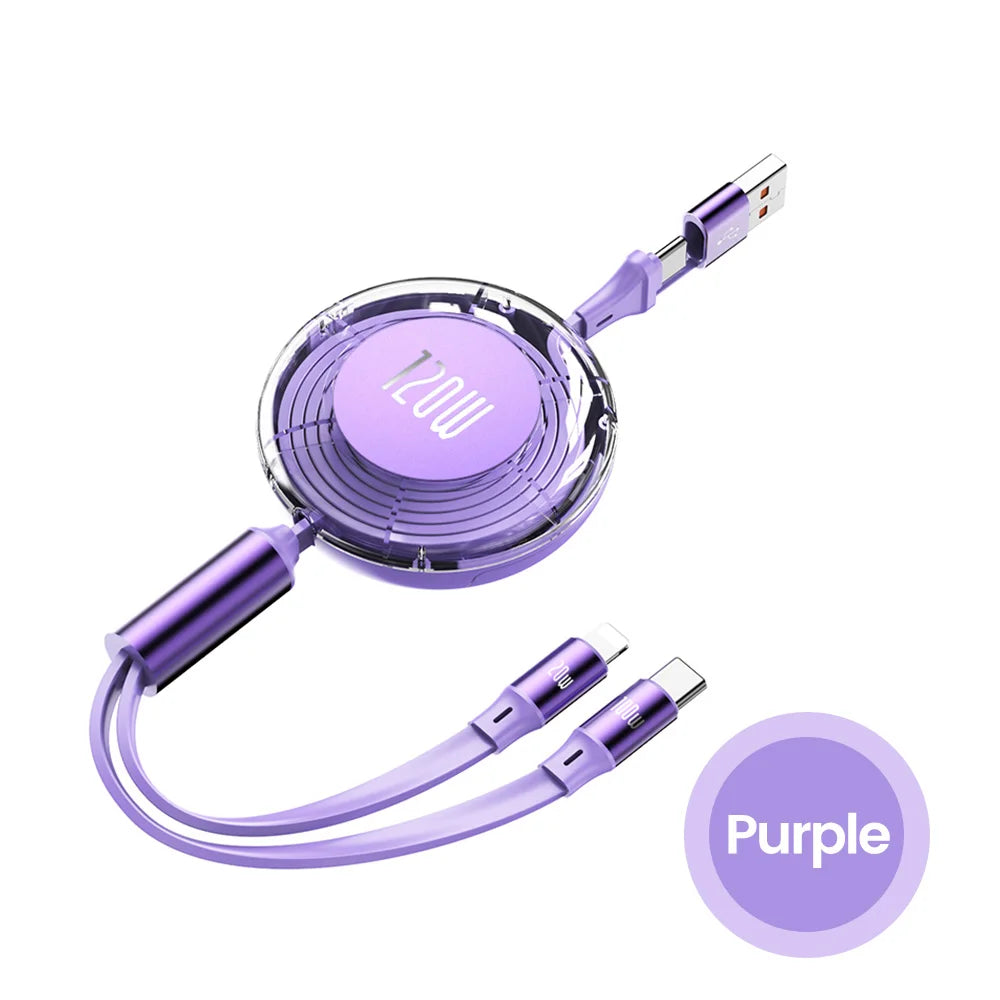 Purple retractable 120W charging cable with dual connectors and a USB plug is shown coiled in a circular, transparent case. A "Purple" label is highlighted on the side.