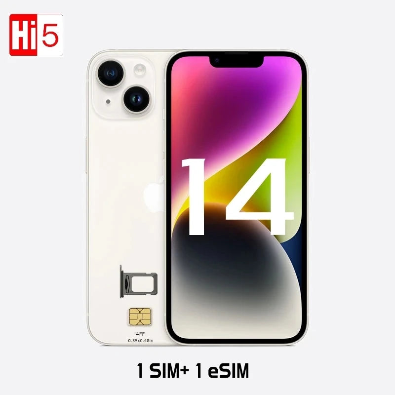 Front and back view of a smartphone with the number 14 on the screen. It features dual cameras, and supports 1 SIM card and 1 eSIM. "Hi5" logo in the corner.