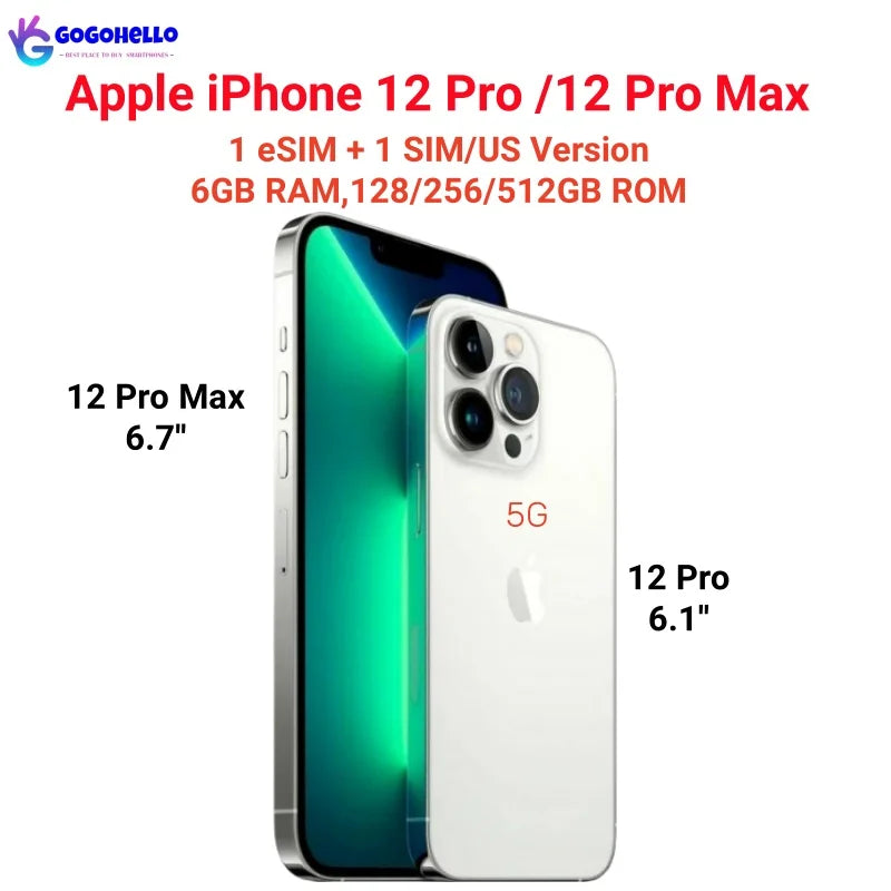 Two Apple iPhone 12 models, Pro Max (6.7") and Pro (6.1") displayed. Features include 5G, eSIM, SIM, 6GB RAM, and storage options of 128/256/512GB.