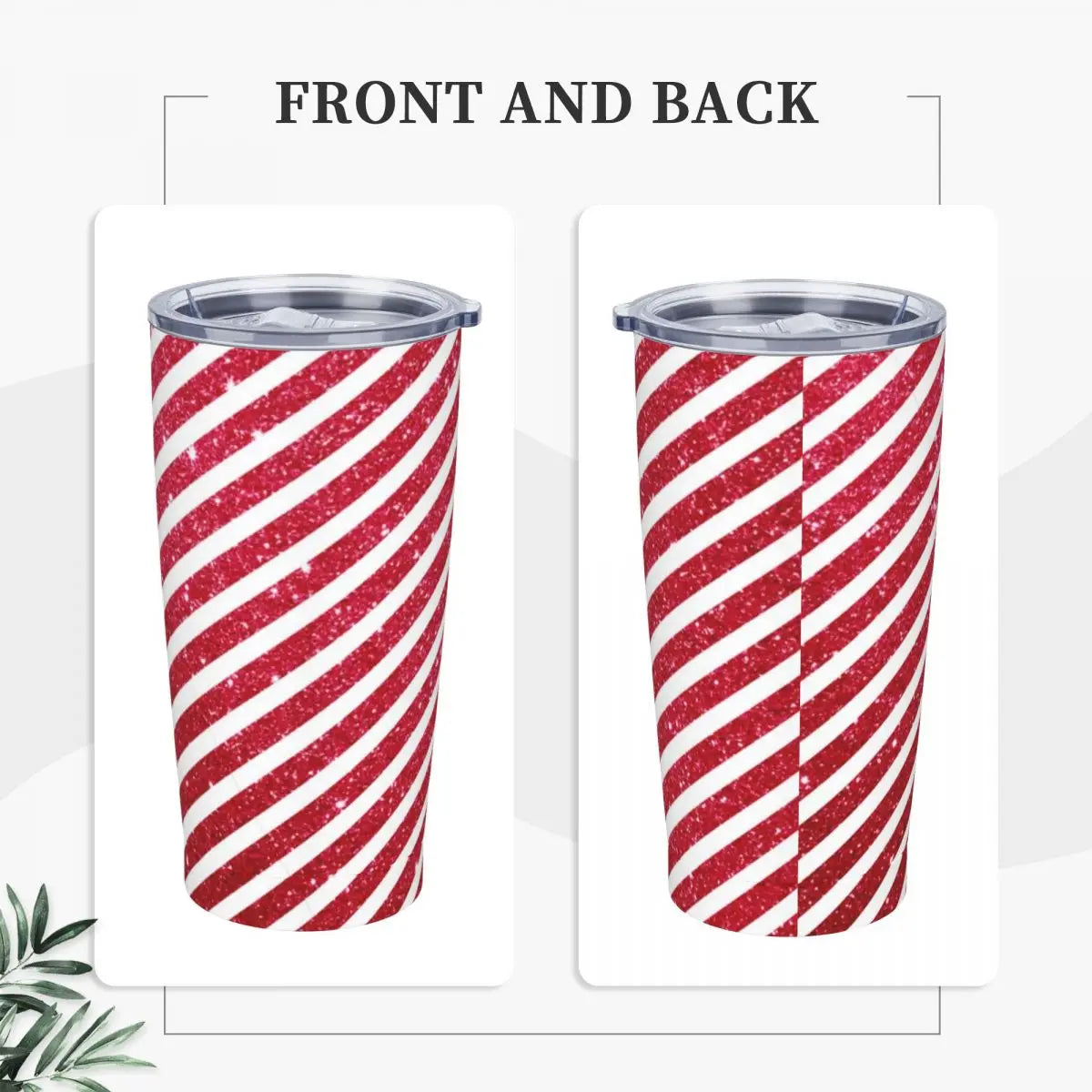 Front and back view of a stainless steel tumbler with a red and white diagonal candy cane stripe pattern. The tumbler has a clear lid and is set against a minimal background.