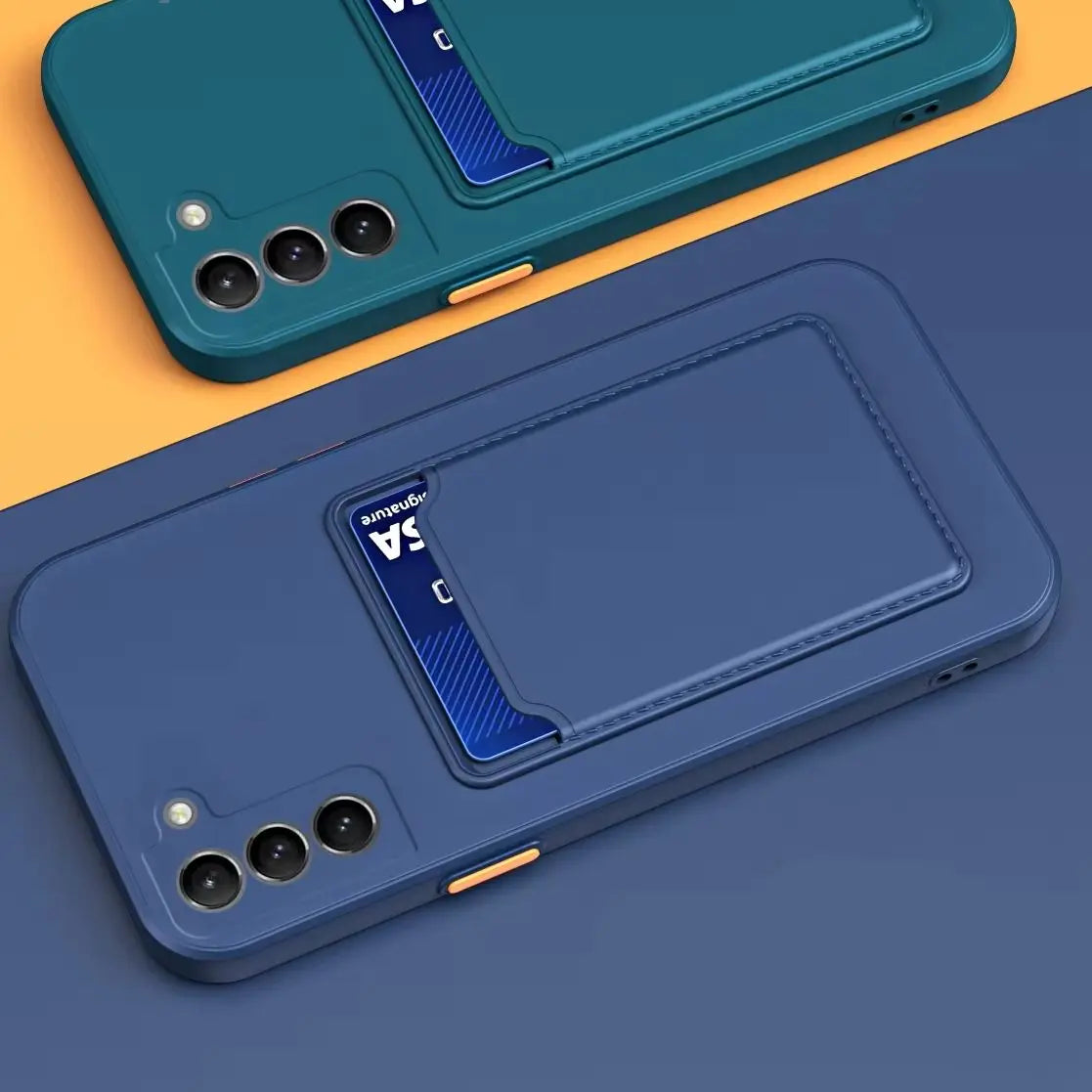 Two smartphone cases with card slots showing a blue card partially inserted. One case is teal, the other is dark blue, both have three camera cutouts. Background is orange and blue.