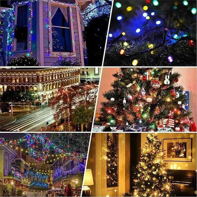 Collage of festive scenes: A house with holiday lights, colorful string lights, a decorated Christmas tree, illuminated street, vibrant outdoor market, and cozy room with a Christmas tree.