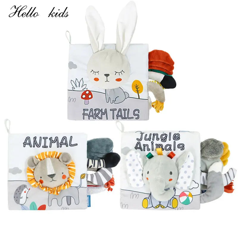 Three soft fabric baby books with animal themes: "Farm Tails" featuring a bunny, "Animal" with a lion, and "Jungle Animals" showcasing an elephant. Plush tails and ears protrude.
