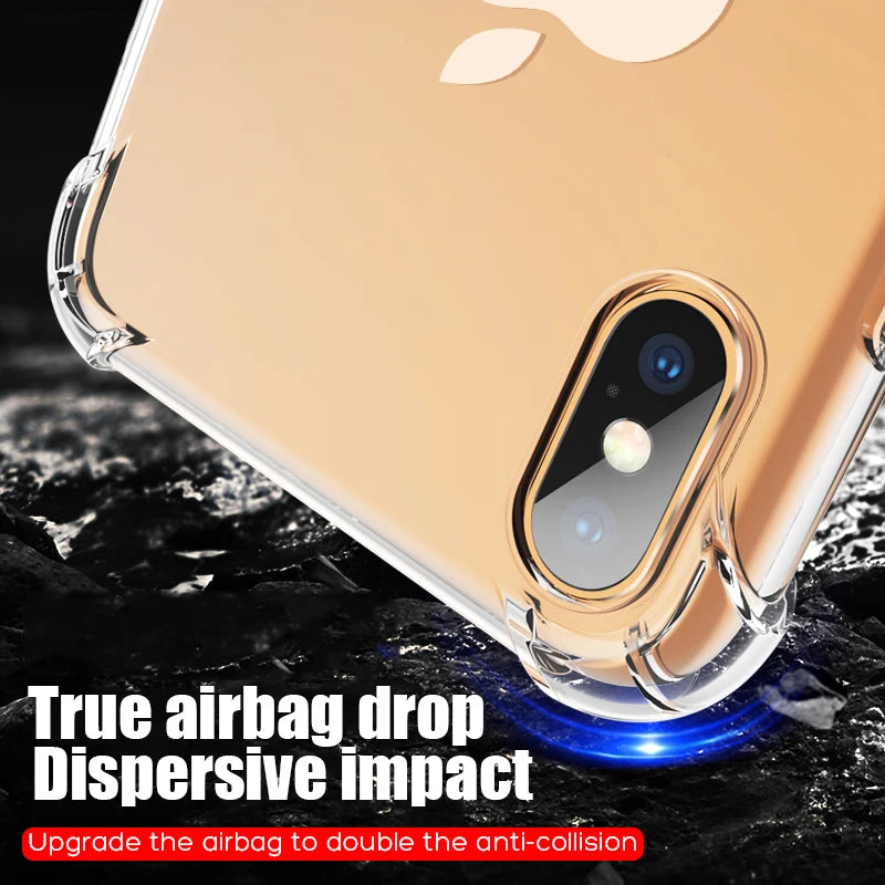 Clear phone case with reinforced corners and airbag protection, shown on a smartphone to illustrate anti-collision features. Text: "True airbag drop, Dispersive impact."