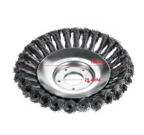 Close-up of a metal wire brush wheel with twisted bristles, measuring 15 cm in diameter and a 25.4 mm center hole, designed for industrial cleaning or grinding tasks.
