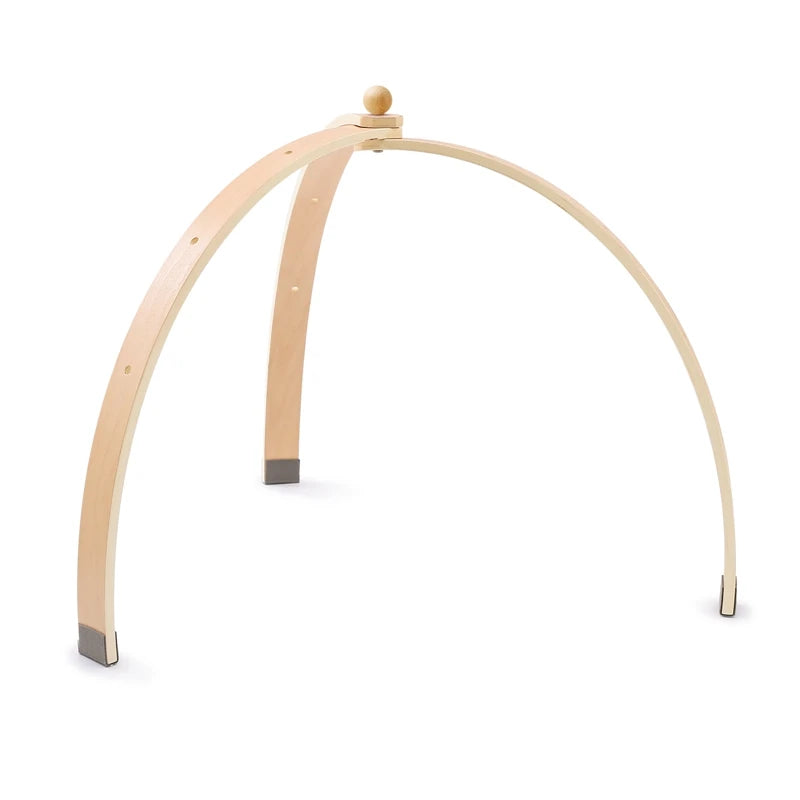 Wooden baby gym frame with two curved legs and a rounded top, featuring a small knob on top. The ends of the legs are capped with gray rubber stoppers, set against a white background.