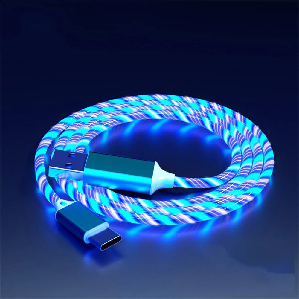 A glowing blue USB Type-C cable with a woven design, displaying a vibrant LED light effect throughout its length, coiled neatly against a dark background.