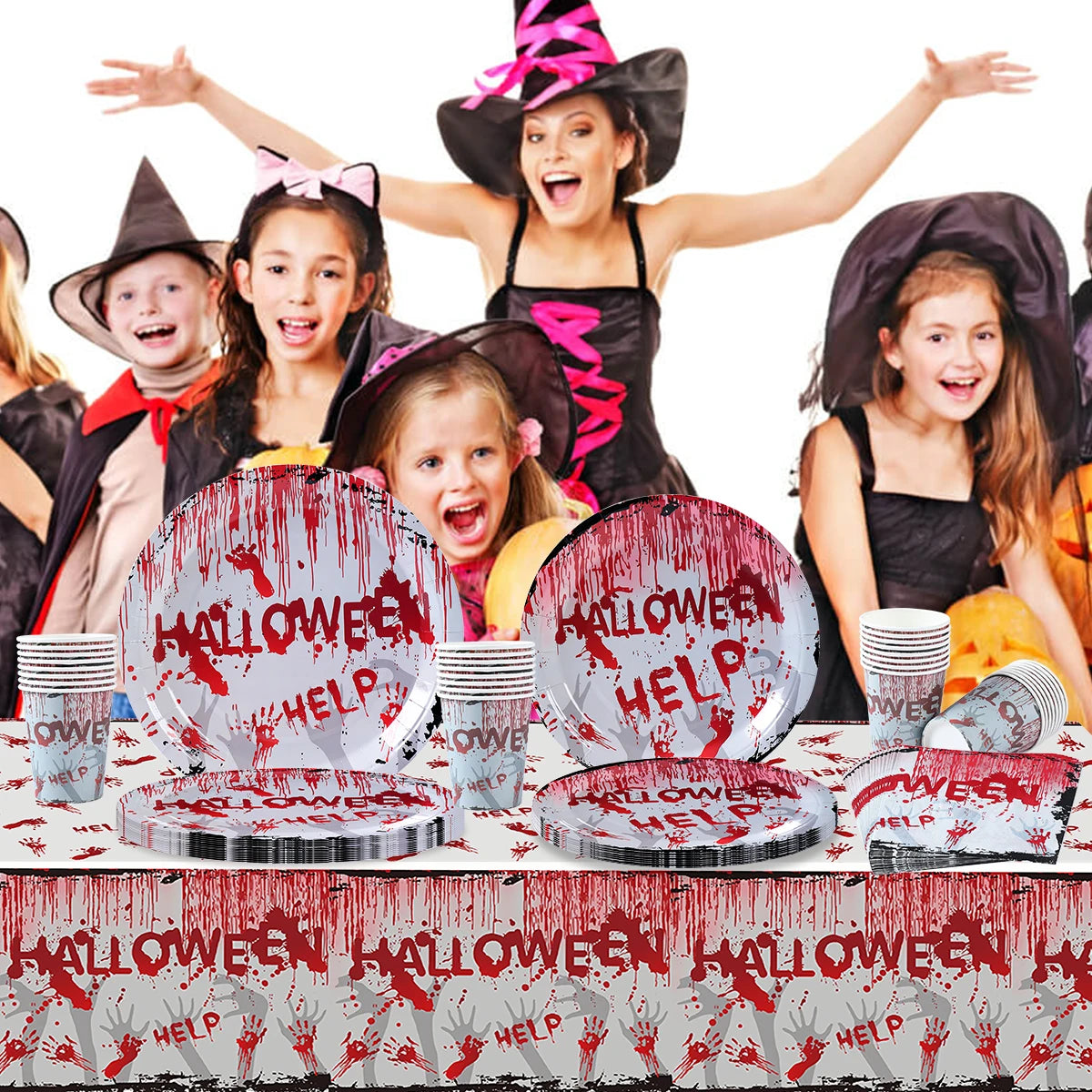 Children in Halloween costumes laugh with a themed party setup in front. Plates and cups are covered in bloody handprints with “Halloween Help” text, creating a spooky atmosphere.