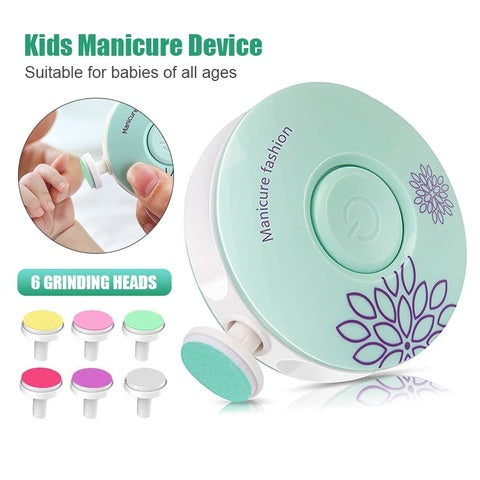 Kids manicure device with a green and white design, featuring six colorful grinding heads. The text reads "Suitable for babies of all ages" and shows a demonstration on a child's nail.
