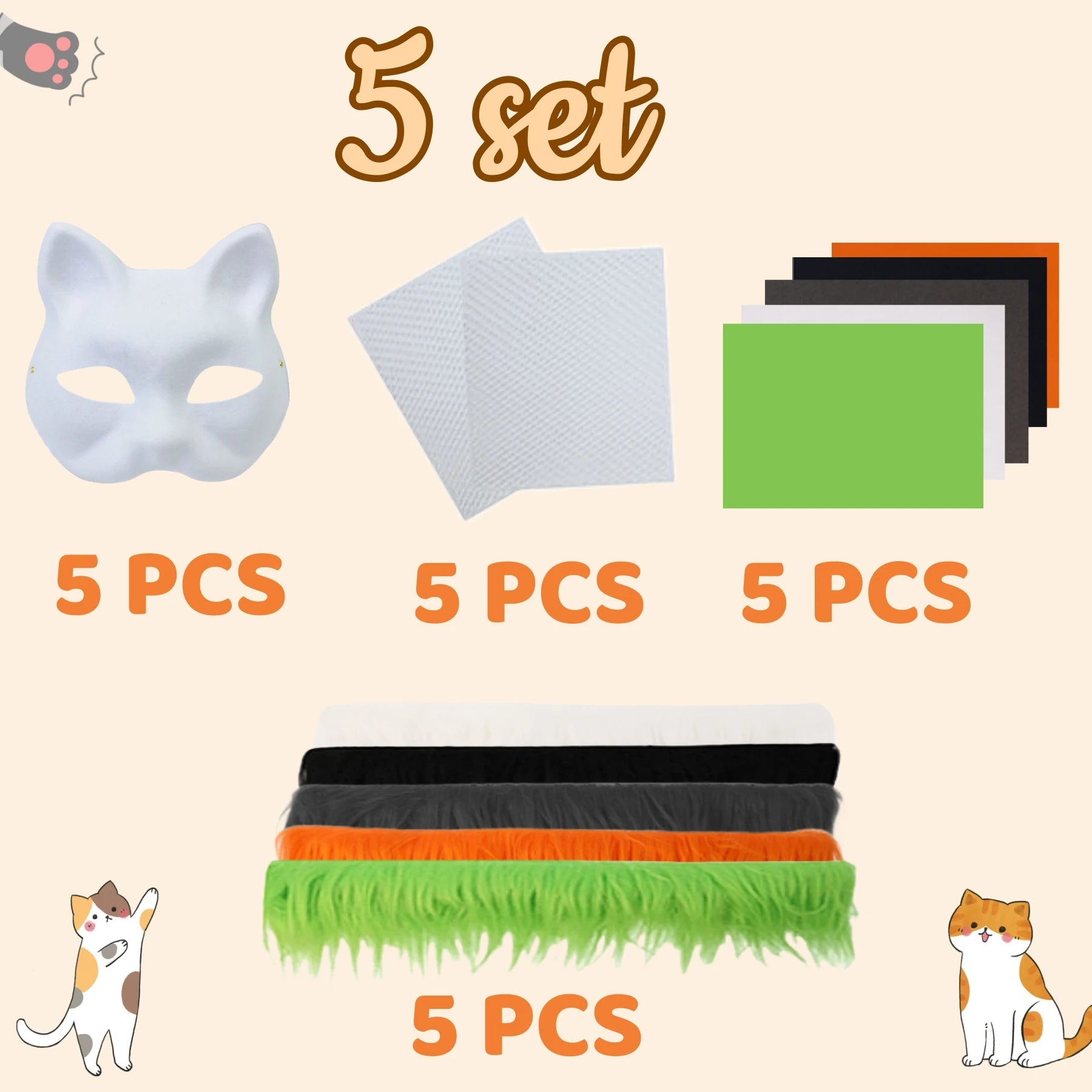 Five-piece set: white cat mask, textured sheets, colored papers in green, black, orange, and layered fringes. Background features illustrations of two cats.