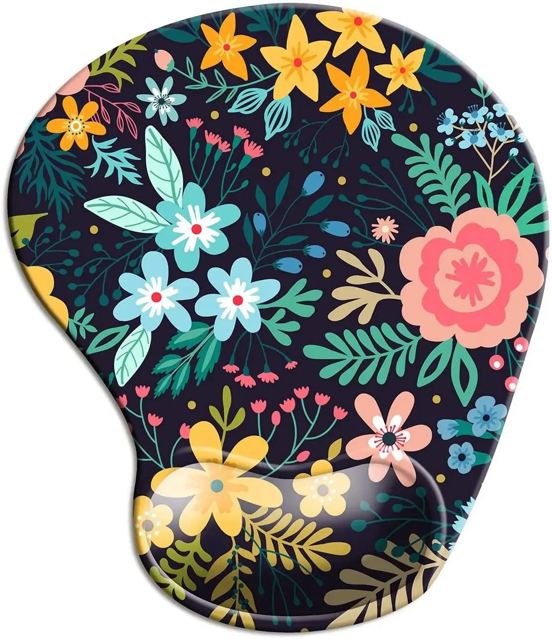 Floral-patterned mouse pad with wrist rest. Features vibrant flowers in pink, yellow, blue, and orange on a dark background, creating a colorful and lively design.