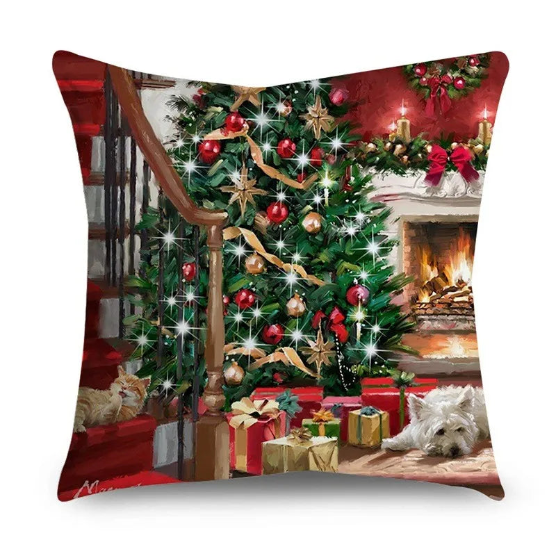 Festive holiday scene on a pillow shows a decorated Christmas tree with sparkling lights, colorful ornaments, and wrapped gifts. A cat relaxes on stairs, and a dog lies by a fireplace.