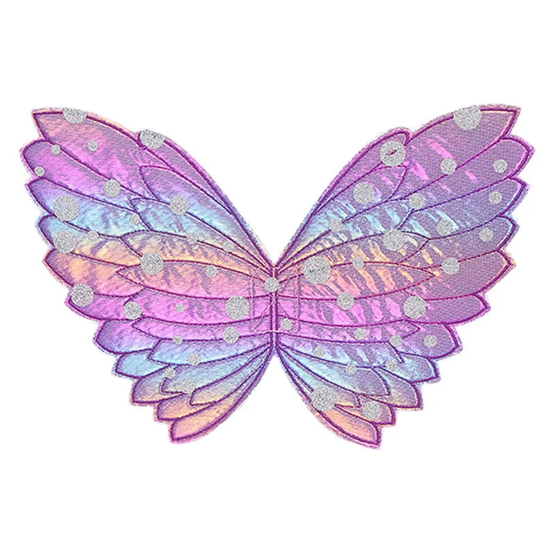 Colorful butterfly wings with a gradient of pink, purple, and blue hues, adorned with silver dots, resembling an intricate embroidered patch on a white background.