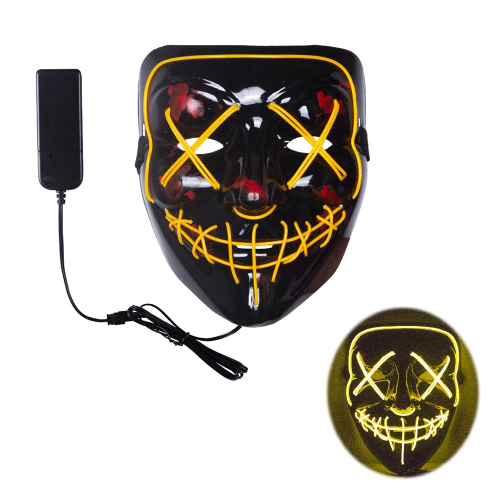 Black LED Halloween mask with yellow X-shaped eyes and stitched smile, connected to a battery pack. It glows in the dark, creating a haunting effect.