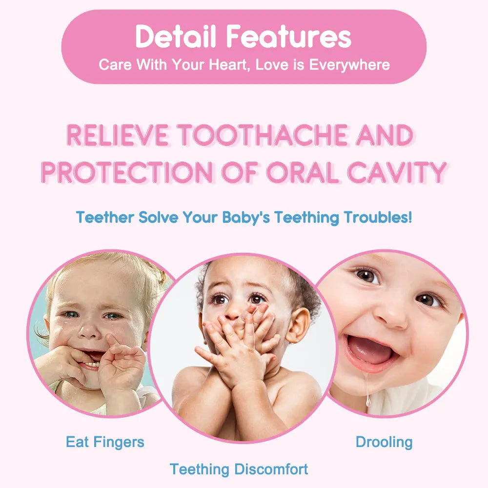 Three babies showing teething symptoms: one eats fingers, another has teething discomfort, and the last one is drooling. Text suggests using a teether for relief.