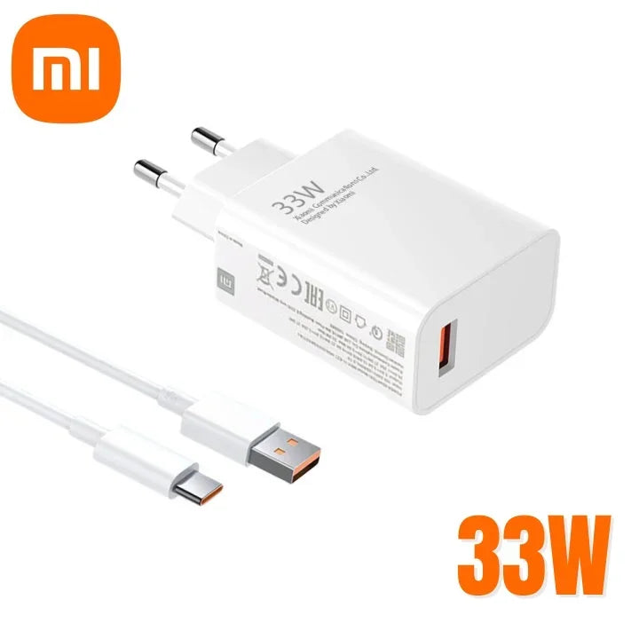 White 33W USB wall charger with European plug, accompanied by a USB-C to USB-A cable. The logo of the brand is visible at the top left corner.