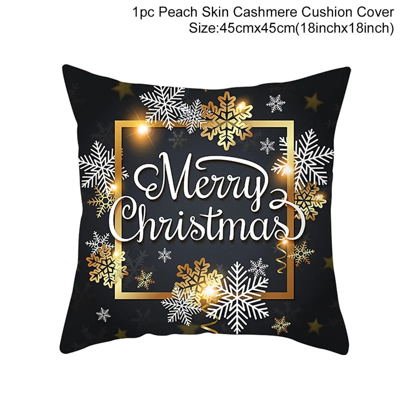 Black cushion cover with "Merry Christmas" text in white script. Surrounding golden and white snowflakes and stars create a festive design. Size: 45cm x 45cm (18inch x 18inch).