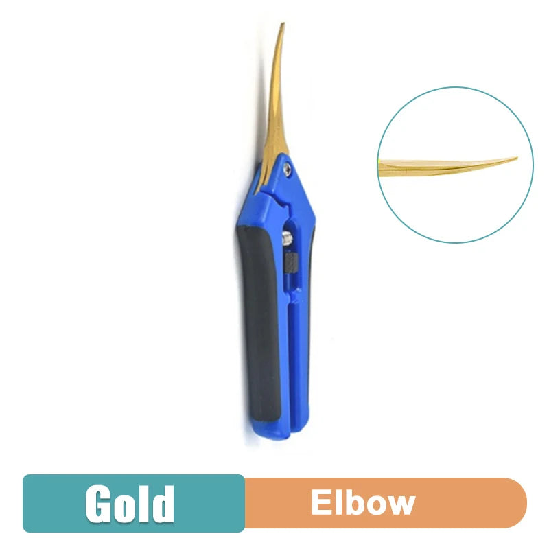 Blue-handled tool with gold curved tip, highlighted in an inset circle. Labels "Gold" and "Elbow" in colored boxes below. Designed for precision tasks.