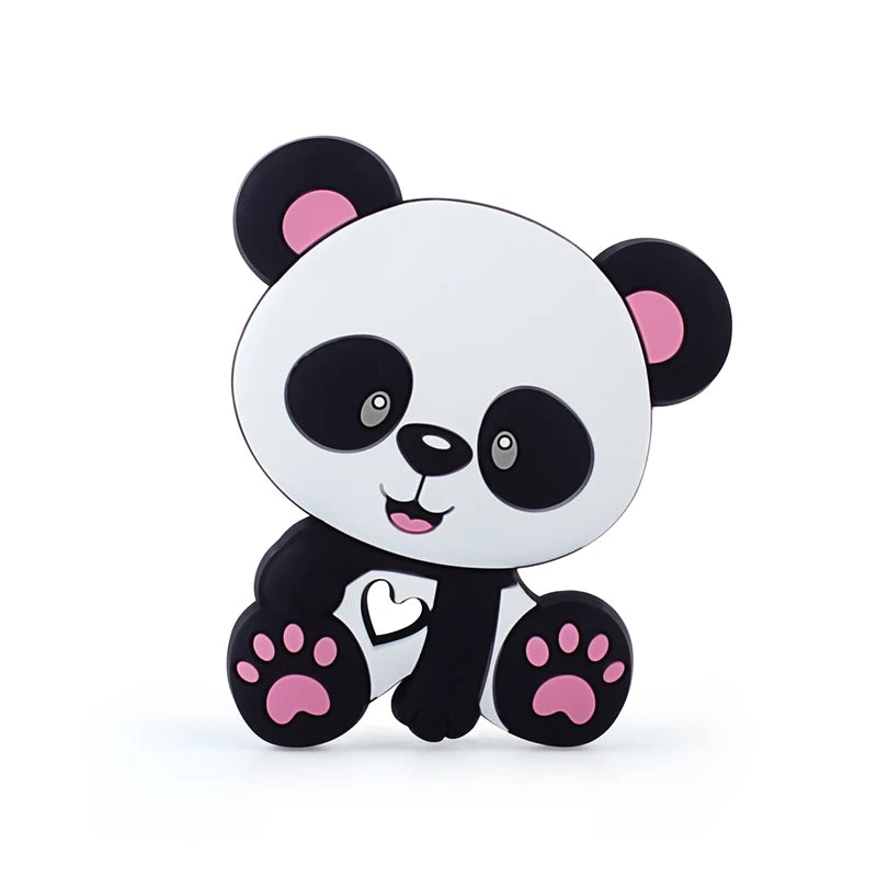 Cute cartoon panda with big eyes, black and white face, sitting down. It has pink paw pads and ears, with a heart shape on its belly, smiling playfully.