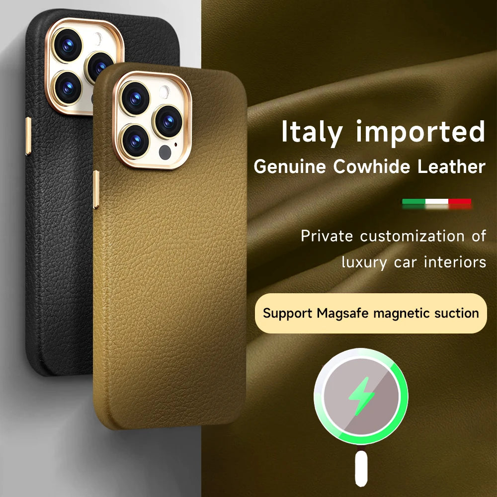 Two iPhone cases made of Italian imported genuine cowhide leather, shown in black and brown. The text highlights private customization and MagSafe support with a luxury theme.