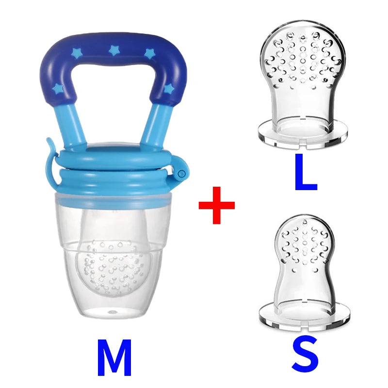 Baby pacifier set with a blue handle and detachable feeders. Includes three silicone nipples: medium in the pacifier and separate large and small attachments.