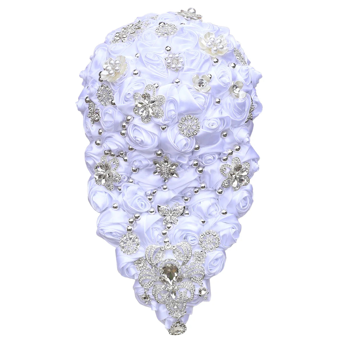 A bouquet of white satin roses adorned with silver rhinestones, pearls, and intricate floral embellishments arranged in an elegant cascading design.