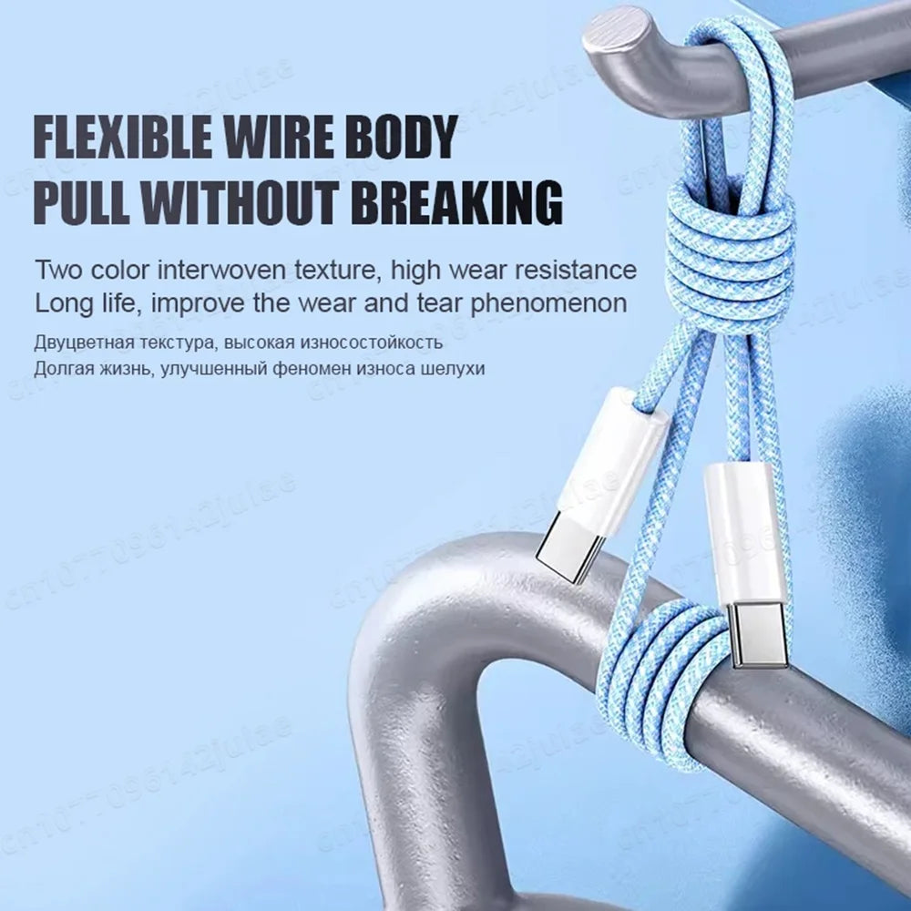 Blue and white braided charging cable wrapped around a metal hook. Text reads "Flexible wire body pull without breaking," highlighting durability and high wear resistance.
