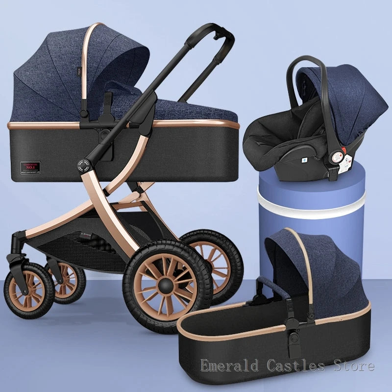 A stylish navy and golden travel system featuring a baby stroller, car seat, and detachable bassinet. The set is displayed on a light blue backdrop with the brand name visible.