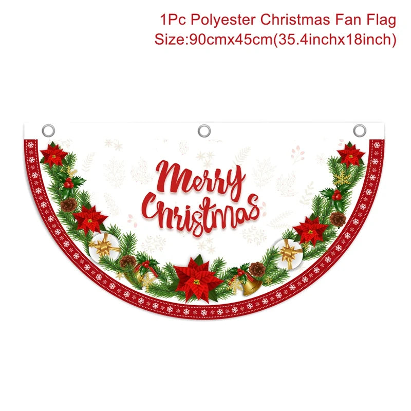 Semi-circular Christmas fan flag with "Merry Christmas" text. Decorated with red poinsettias, pine branches, cones, and gold bells. Size noted as 90cm x 45cm.