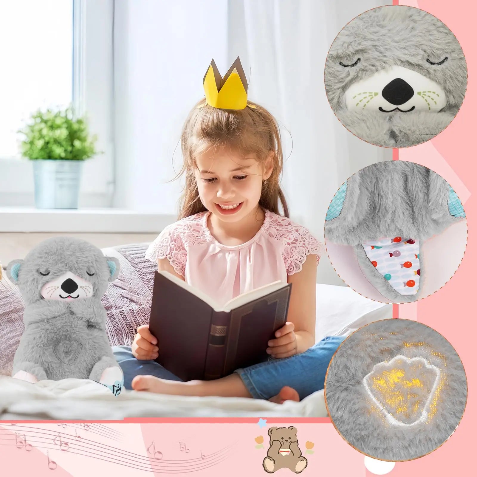 A smiling girl wearing a yellow paper crown reads a book on a bed, surrounded by a plush gray otter toy. Close-up circles show the toy's face, belly, and inner ears.