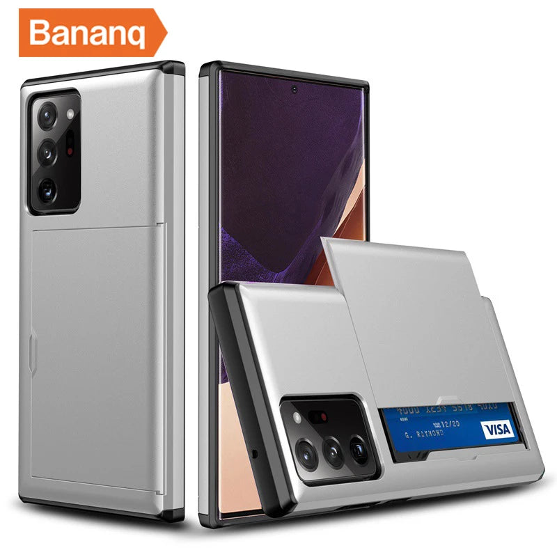 Silver phone case with a sliding cardholder feature, revealing a blue Visa card. The phone's rear camera is visible. The top left features an orange logo saying “Bananq.”