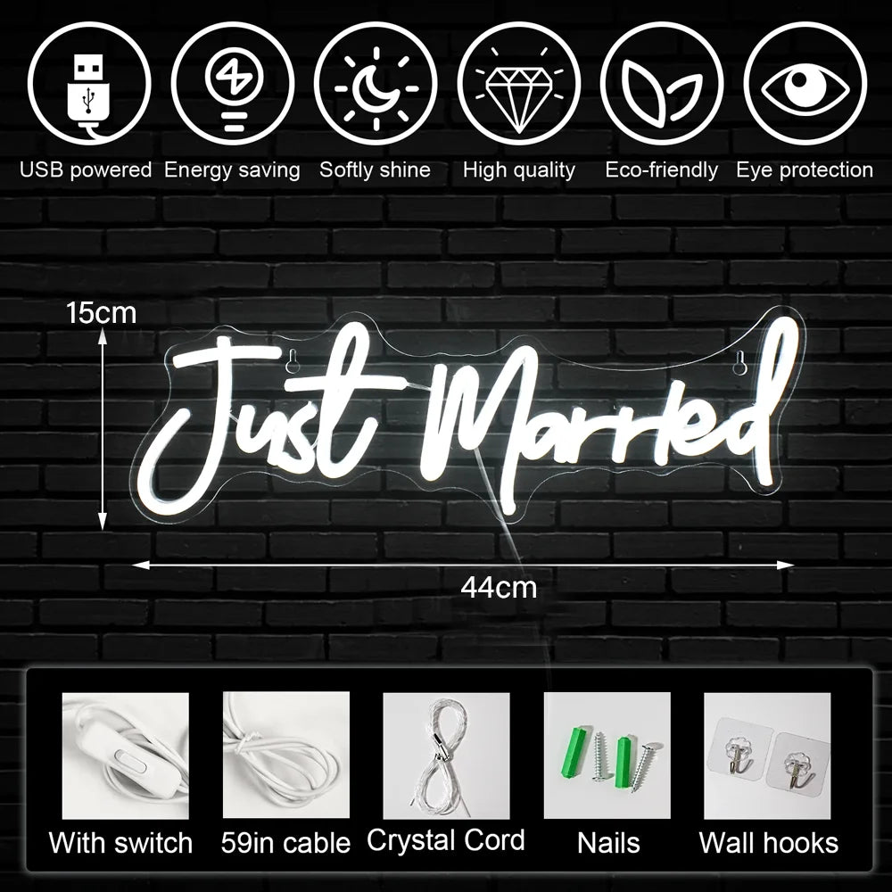 LED sign reading "Just Married" in white, measuring 44cm by 15cm. Features include USB power, energy-saving, soft shine, high quality, eco-friendly, and eye protection. Installation items shown.