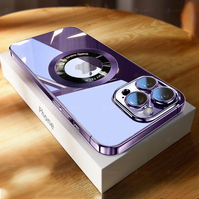 Purple smartphone with a reflective back, featuring triple-lens cameras and a unique circular design, resting on a white box on a wooden surface.