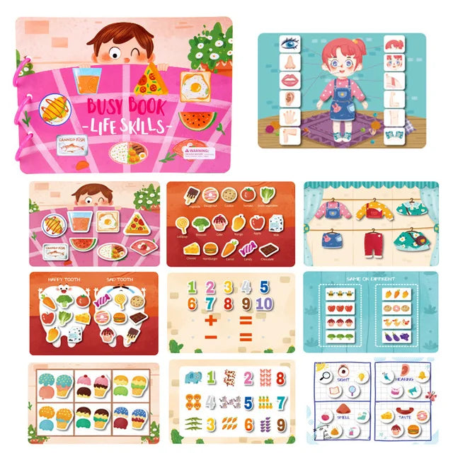 Colorful activity book pages for kids teaching life skills like food, math, hygiene, and sensory activities with playful illustrations of numbers, clothing, and healthy habits.