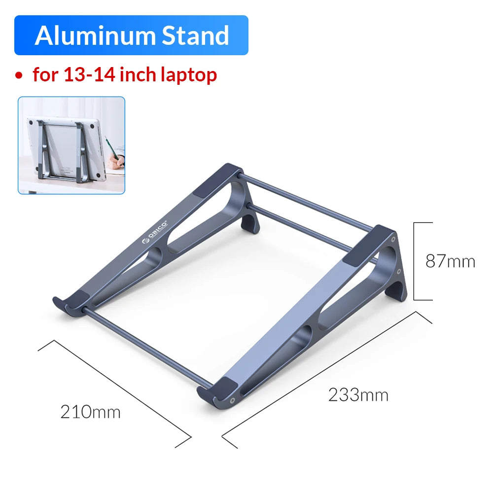 Aluminum laptop stand for 13-14 inch laptops, featuring angled support and cutout design. Stand dimensions: 210mm x 233mm x 87mm. Small inset image shows laptop in use.