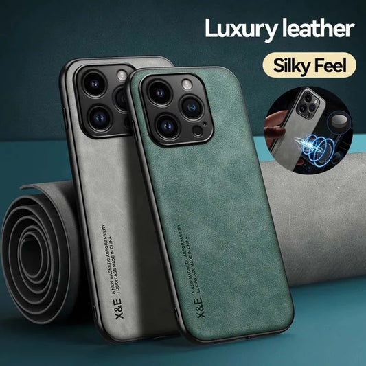 Two luxury leather phone cases in grey and green with a smooth, silky texture are featured. Text reads "Luxury leather" and "Silky Feel." A circular inset shows wireless charging in action.