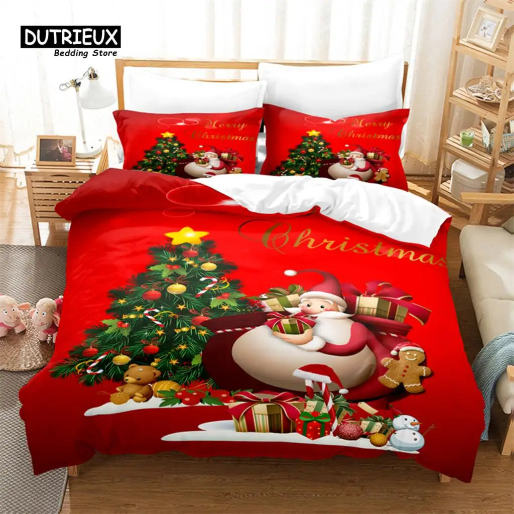 Festive Christmas-themed bedding set featuring Santa, a decorated tree, gifts, and festive treats on a red background. Room includes plush toys, a lamp, and wooden shelves.