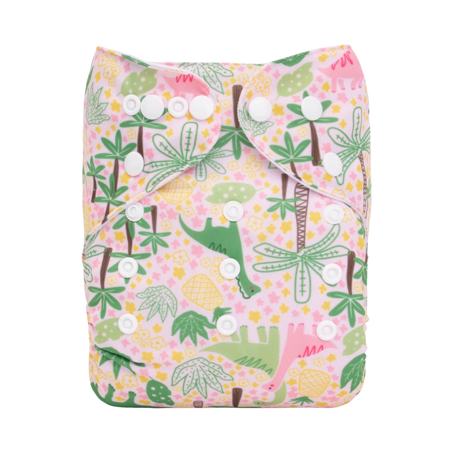 Cloth diaper with a colorful dinosaur and tree pattern on a pink background, featuring white snaps for adjustable sizing.