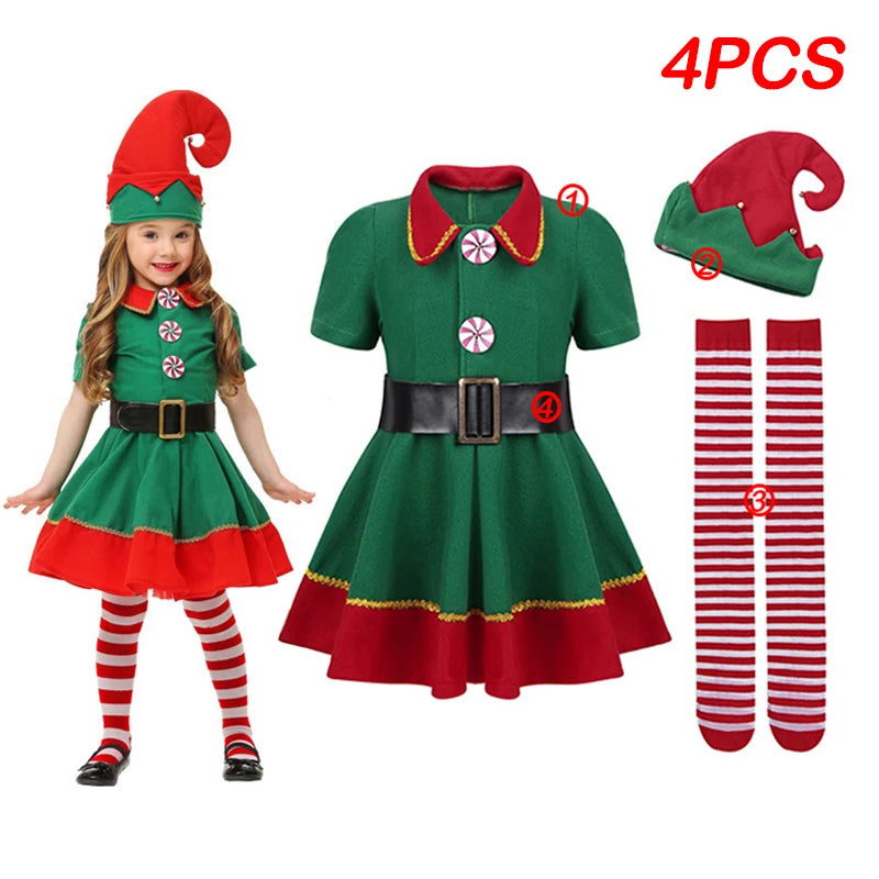 A child's elf costume with a green dress, red accents, peppermint buttons, striped tights, a black belt, and a red and green hat. Four-piece set displayed with a smiling girl wearing it.