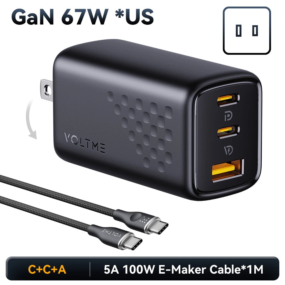 Black VOLTME GaN 67W charger with foldable plug and three ports: two USB-C and one USB-A. Includes a 1-meter 5A 100W USB-C to USB-C E-Marker cable.