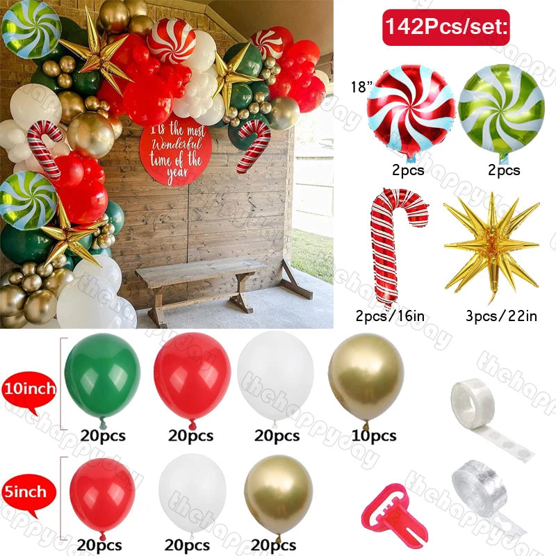 Festive balloon arch kit with red, green, white, and gold balloons, candy cane and peppermint designs, gold stars, tape, and tool. Includes 142 pieces for holiday decoration.