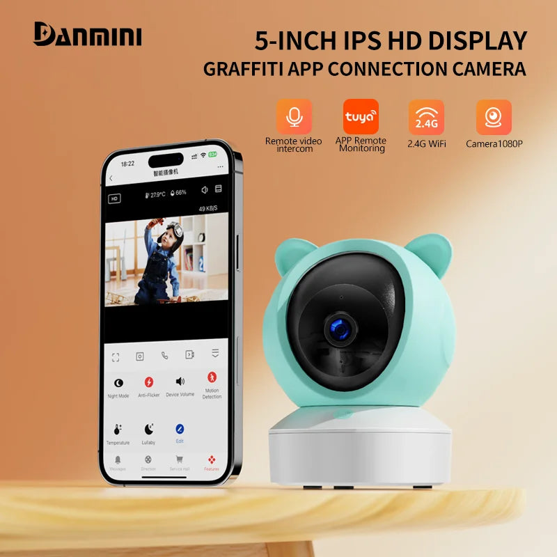 Smartphone displaying security camera feed next to a bear-shaped, blue security camera. Features include remote intercom, app monitoring, 2.4G WiFi, and 1080P camera.