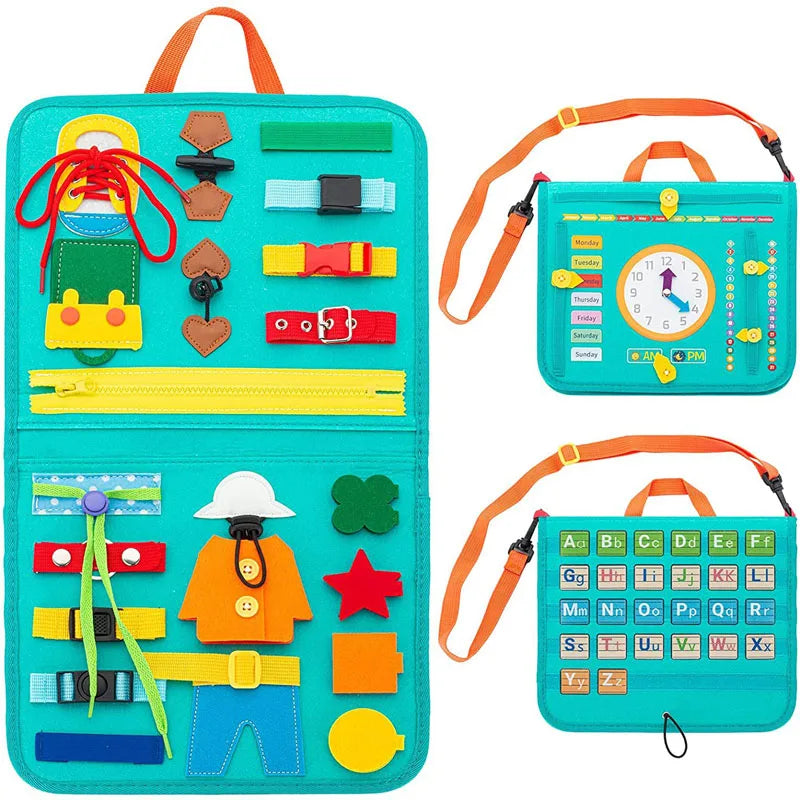 Turquoise activity board with zippers, buckles, and shapes; includes a clock and alphabet section. Features orange straps for portability, designed for children's learning and play.