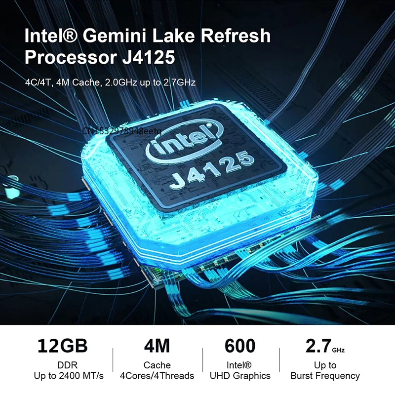 Intel Gemini Lake Refresh Processor J4125 image with specs: 4 cores, 4 threads, 4M cache, 2.0GHz up to 2.7GHz, 12GB DDR, UHD graphics. Blue tech-themed design.