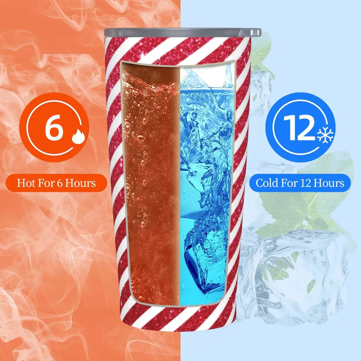 Insulated tumbler illustration showing hot liquid for 6 hours on the left, and cold liquid with ice for 12 hours on the right. Background split into orange and blue with steam and ice.